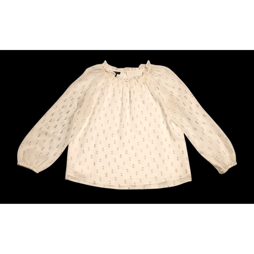 Talbots Petites Blouse Ivory w/ Metallic Silver Dot Ruffle Neck Womens Size SP